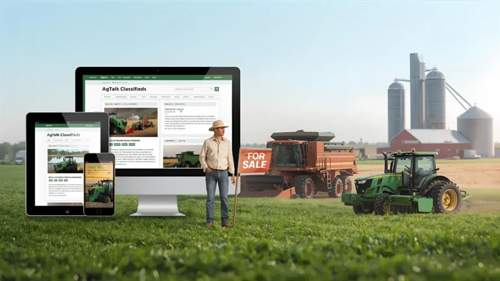 AgTalk Classifieds marketplace showing farmers buying and selling tractors, equipment, and farm tools online.